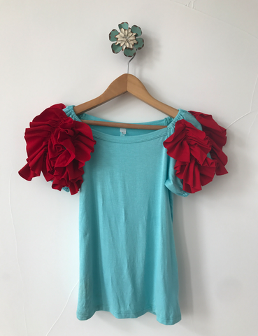 Ruffled Shoulder Top- Red/Aqua